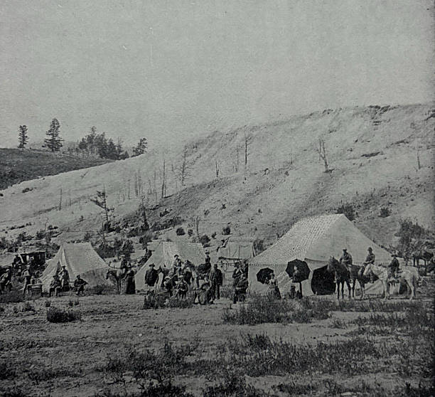 Antique illustration pre 1900 - a group camping in Yellowstone National Park