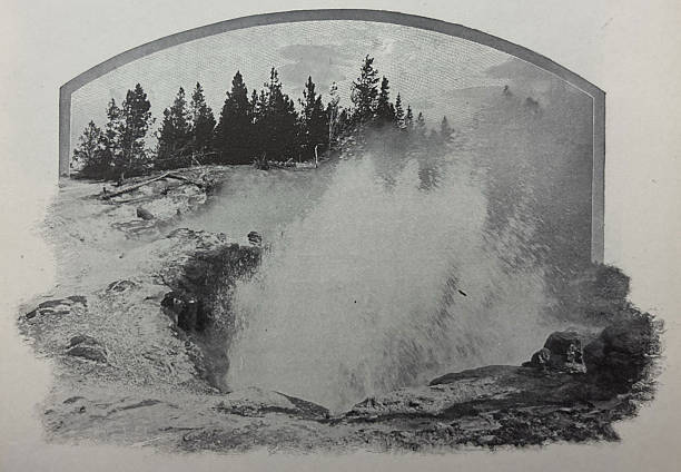 Antique illustration pre 1900 - a small geyser   in Yellowstone National Park