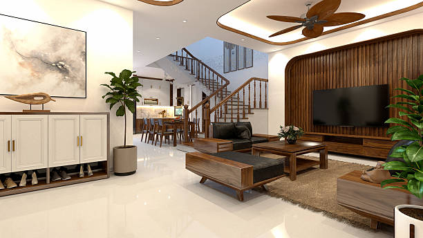 Decorated with wooden furniture in cozy homey style