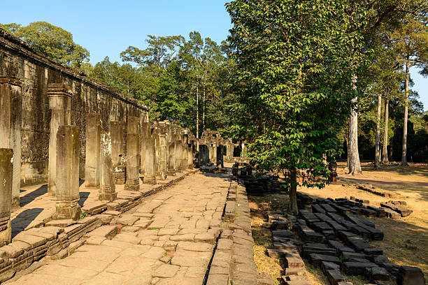 Ancient Bayon temple, Angkor Thom , the most popular tourist attraction in Siem reap, Cambodia. Bas-relief and close up stone, columns