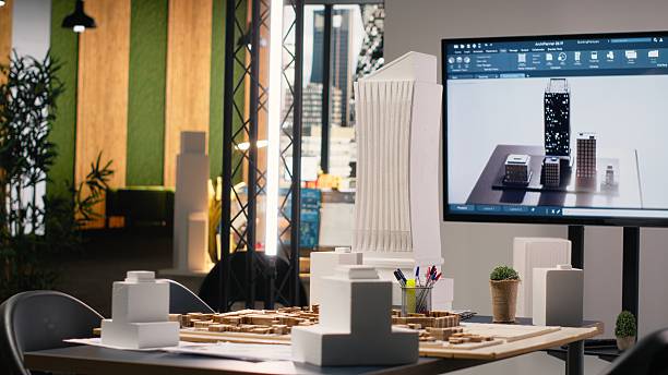 Contemporary office interior set up for real estate brainstorming, highlighting planning strategies, zoning regulations and city redevelopment concepts with architectural design tools for planning.