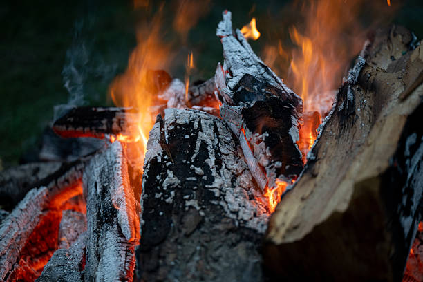 Close-up view of firewood burning intensely, with glowing embers, charred wood, and rising smoke. The textures of the cracked bark and glowing coals convey warmth and raw energy. The image captures the elemental power and comforting heat of an open fire.