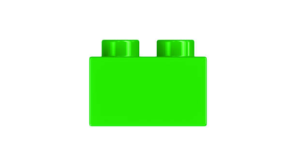 Neon Green Plastic Building Block Isolated on a White Background. Close Up View of a Plastic Children Game Brick for Constructors, Side View. High Quality 3D Render with a Work Path. 8K Ultra HD