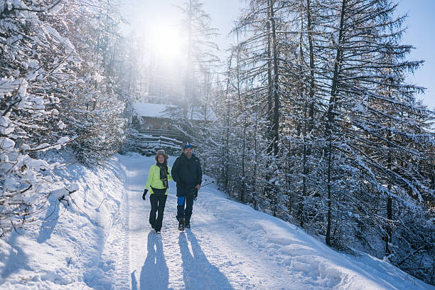 istock Senior couple walk snowy pathway on winter day 2254828798