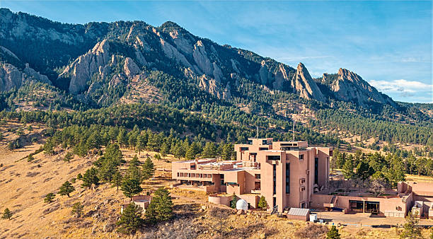 NCAR in front of the Flatirons in Boulder Colorado, drone view