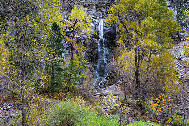 Bridal Veil Falls surrounded by colorful Autumn trees. These falls can be found in Spearfish Canyon, SD.