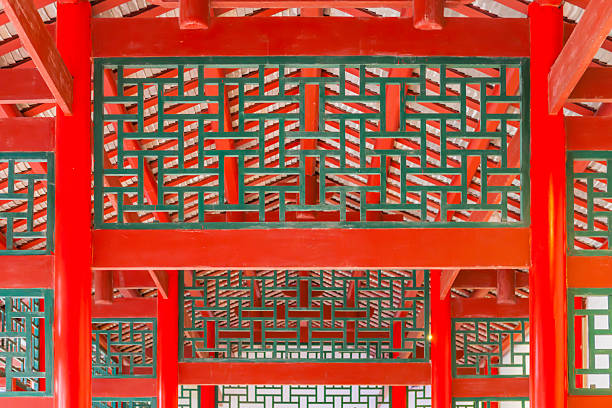 This image captures an upward view of a beautifully adorned interior ceiling or a section of a traditional Chinese building, characterized by a striking interplay of vivid red and deep green. Bold red beams and columns frame intricate geometric latticework painted in a rich, dark teal green. These interlocking patterns create a visually complex and rhythmic design, revealing glimpses of a lighter background or roof structure beyond. The strong colors are emblematic of traditional Chinese aesthetics, conveying a sense of grandeur and cultural heritage. The repetitive and symmetrical nature of the patterns, combined with the clean lines and contrasting hues, makes for a captivating architectural detail.