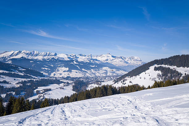 Wide winter view over snow-blanketed hills, pine forests, and the Megeve valley, with dramatic mountain peaks rising under a vivid blue sky. Crisp sunlight highlights the untouched snow and creates a bright, invigorating alpine atmosphere.