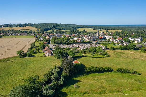 istock Rural village and fields under clear blue sky 2254833094