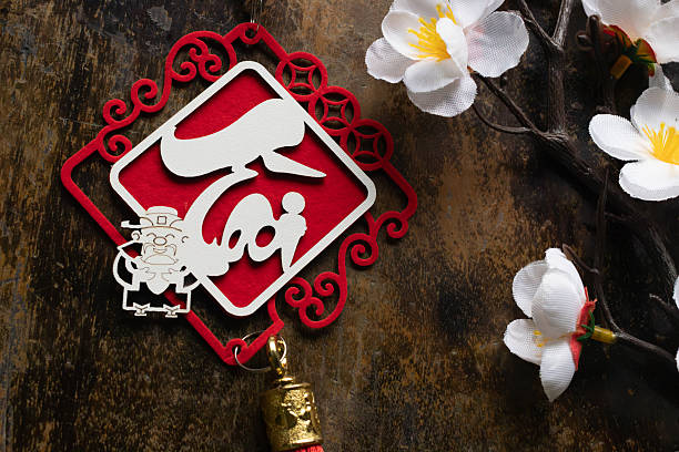 Traditional Asian New Year decoration with calligraphy meaning wealth and fortune. Set on a textured wooden background with festive flowers