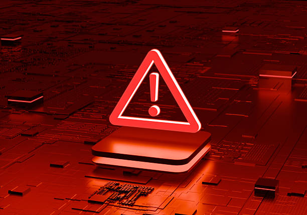 istock Digital Caution Warning Symbol on Red Circuit Board 3D Illustration 2254838980