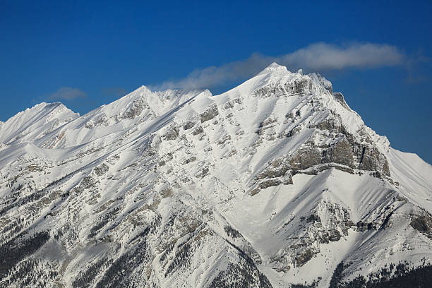 The majestic, snow-dusted mountain peak standing prominently against a clear, vibrant sky. Phots were taken in Rocky mountain.