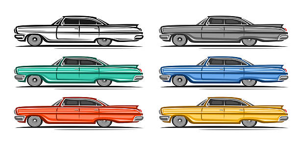 Vector vintage American Car set, horizontal automotive placard with 6 cut out illustrations of long sedan car from sixties, colorful artwork clipart of classic american concept car on white background