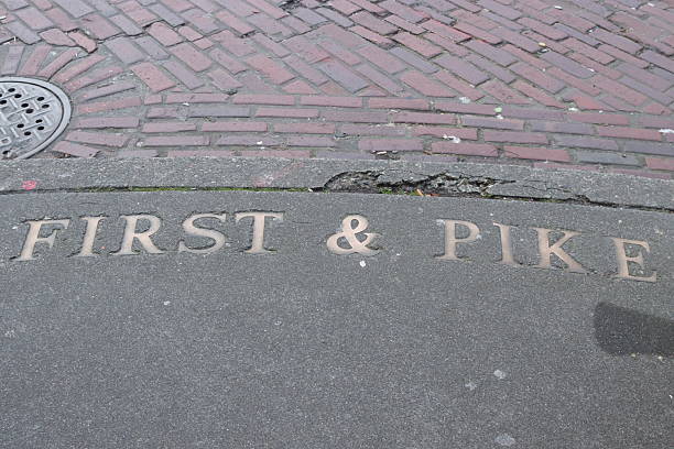 Intersection of First and Pike in downtown Seattle with inlaid lettering