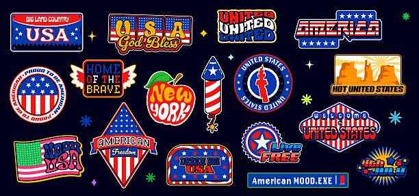 Retro Y2K USA American stickers and vintage United States patch labels vector set. USA stickers or America pin badges with US flag and American state New York city with patriotic quotes and slogans