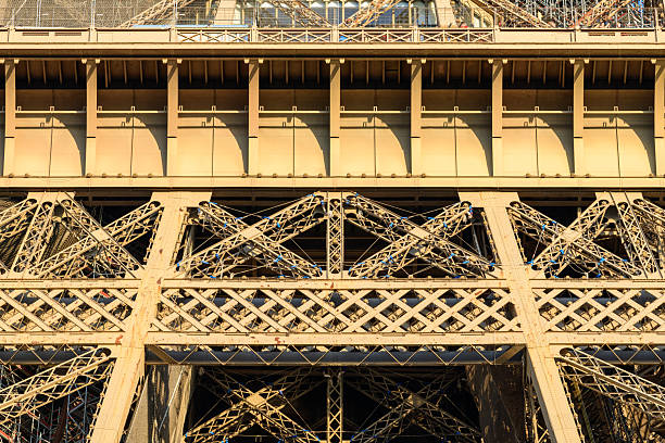 Close-up view of the Eiffel Tower's intricate iron latticework, illuminated by warm golden sunlight, highlighting geometric patterns and architectural texture.