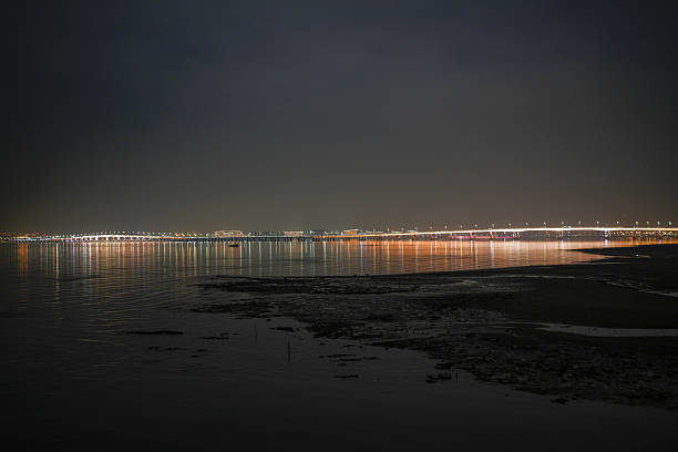 Late afternoon shot of the Severn Estuary at low tide and the Prince of Wales Bridge (Second Severn Crossing), which connects England and Wales