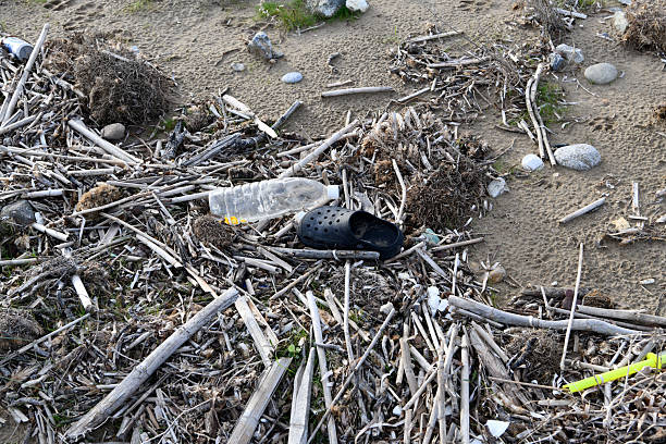 plastic waste on sandy beach