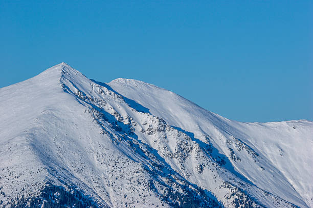 A landscape shot of a massive, snow-blanketed mountain range beneath a brilliant, deep blue sky. The foreground highlights the unique wind-blown textures and ripples in the snow, leading the viewer's eye toward several sharp, sunlit peaks. The image evokes a sense of cold, quiet majesty and the vastness of the alpine wilderness, perfect for travel, adventure, and nature-themed projects.