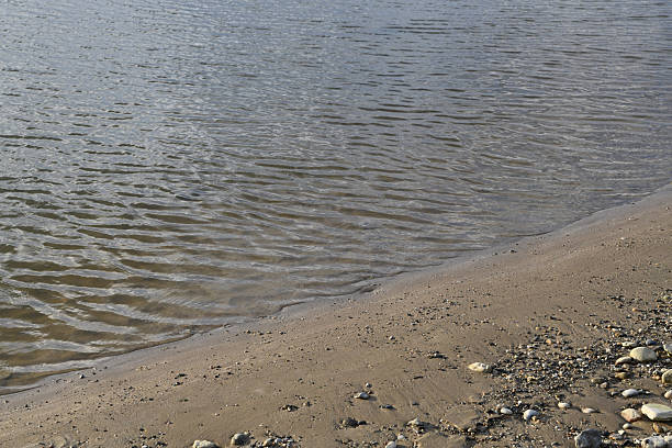High-angle shot of gentle water ripples washing onto a sandy, pebbled beach. Natural textures of earth and water create a peaceful, minimalist coastal scene.