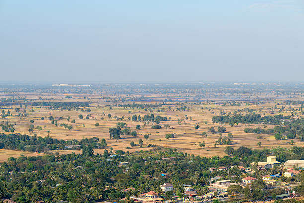 Wide view over golden agricultural plains and scattered trees stretching across the rural landscape near Battambang, Cambodia. The composition features patchwork fields, distant settlements, and a hazy blue sky, evoking the atmosphere of the Mekong region during the dry season.