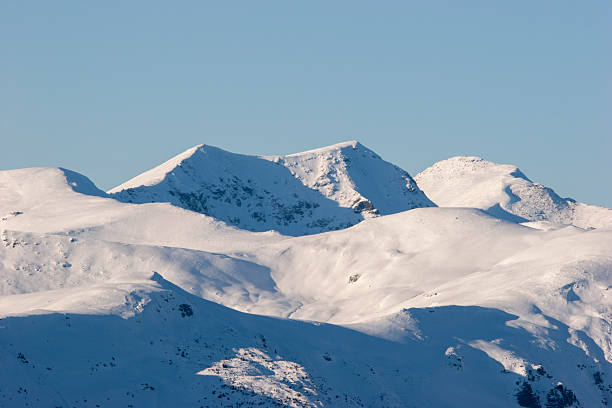 A landscape shot of a massive, snow-blanketed mountain range beneath a brilliant, deep blue sky. The foreground highlights the unique wind-blown textures and ripples in the snow, leading the viewer's eye toward several sharp, sunlit peaks. The image evokes a sense of cold, quiet majesty and the vastness of the alpine wilderness, perfect for travel, adventure, and nature-themed projects.