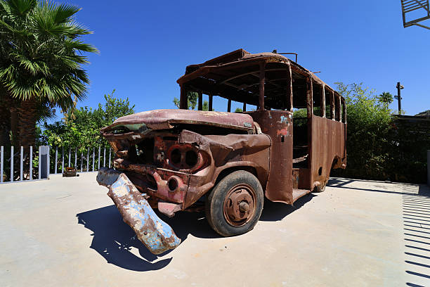 Chekka, Lebanon - September 13, 2025: Historic Ain El Remmeneh bus displayed at the Nabu Museum in Chekka, Lebanon. The bus is associated with the event that marked the beginning of the Lebanese civil war, making it a powerful symbol of national history, memory, and conflict.