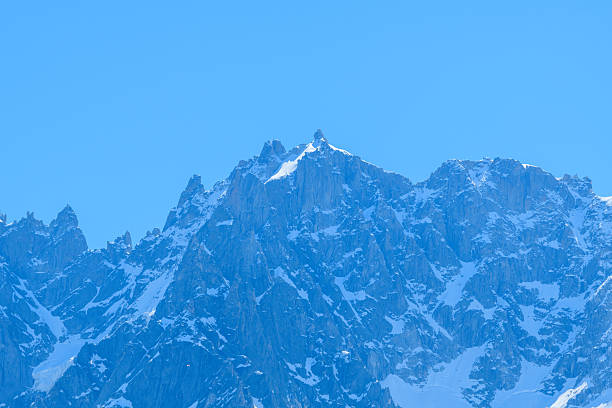 Sharp, rocky summits of Aiguille du Plan rise above the Alps, dusted with snow and illuminated by clear daylight against a vivid blue sky. The rugged mountain face features dramatic textures and crisp contrasts.