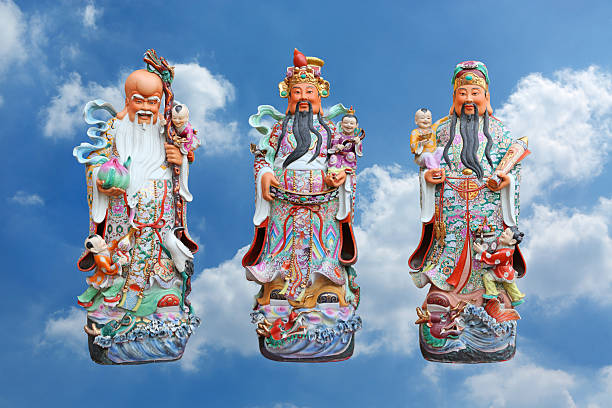 A set of three Chinese deities, Fu, Lu, and Shou, representing prosperity, status, and longevity, standing against a bright blue sky background.