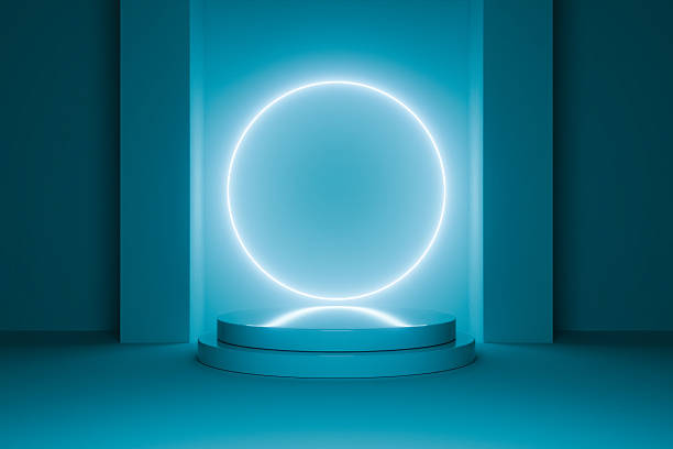 istock Cyan neon circle glow with 3D pedestal in dark room. 2254862920