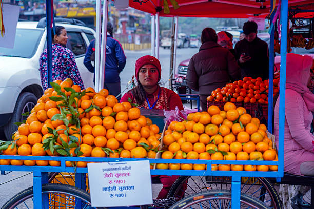 Street vendor selling fresh local oranges during the Second Ichhakamana Orange Festival at Mugling Bazaar, Chitwan, Nepal, on December 29, 2025