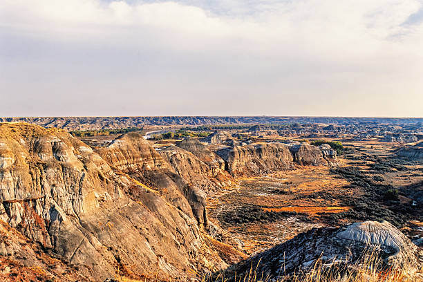 Rocky landscape with a view over a dramatic rolling landscape at Dinosaur provincial park in Alberta, Canada