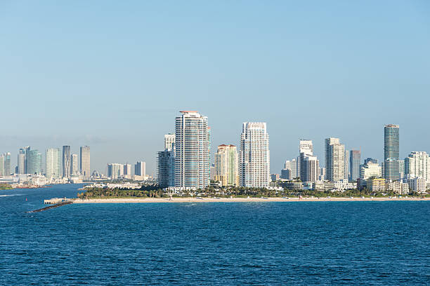Aerial view of luxury yachts in Miami marina. Scenic panorama of boats and skyscrapers in Miami marina