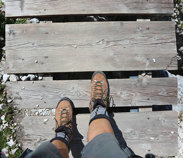 close up view of a pair of hikers boots walking on a wooden bridge in a snowy mountain landscape with rocky terrain