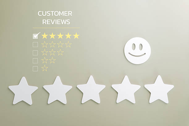 istock Customer 5 star review and feedback reflect high satisfaction great service or positive online business experience, shown with happy face and large decorative stars below 2254875595