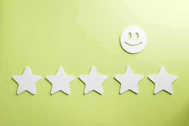 Five star customer feedback review shows excellent satisfaction rating for business service, online survey represents positive experience with cheerful smiley face on a vibrant green background.