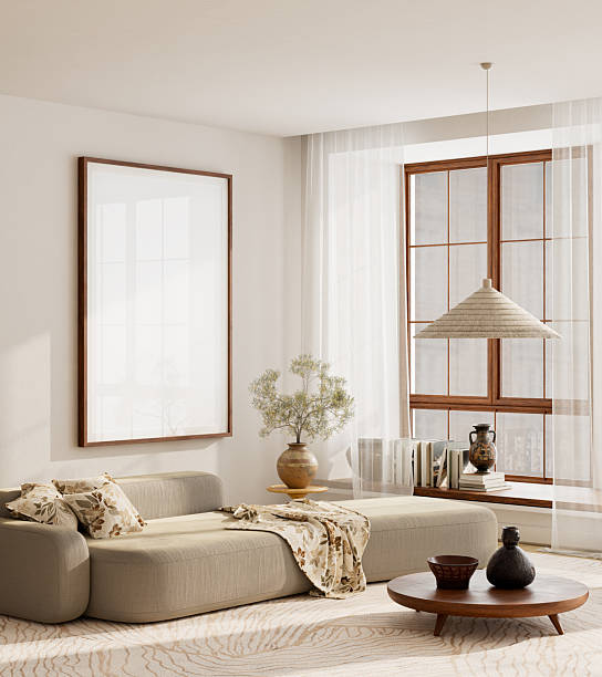 istock Elegant wall poster frame mock-up styled in beige daylight interior with soft materials and warm neutral design. 3D illustration. 2254879373