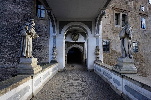Cesky Krumlov, Bohemia, Czechia - December 20 2025: Cloak Bridge Plastovy Most in with Statues