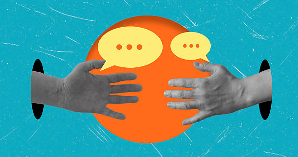 istock Art collage showing hands reaching for an orange sphere with speech bubbles on a blue background in an abstract setting 2254886772