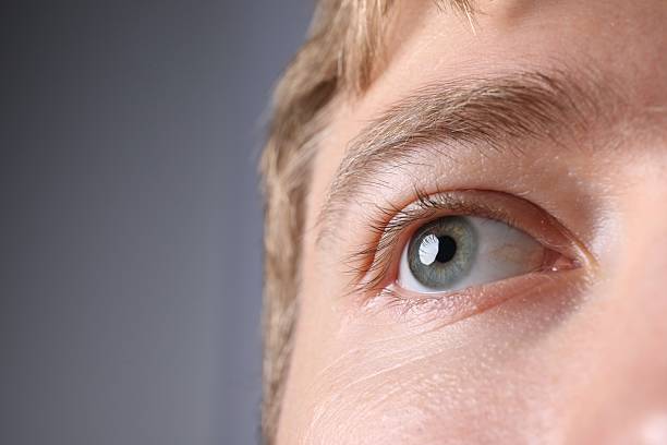 A close-up photograph of a person’s blue eye captured in bright natural light. The image highlights the intricate details of the iris, eyelashes, and surrounding skin texture. The sunlight enhances the eye color and facial features, offering a raw and authentic portrayal of human emotion and vision.