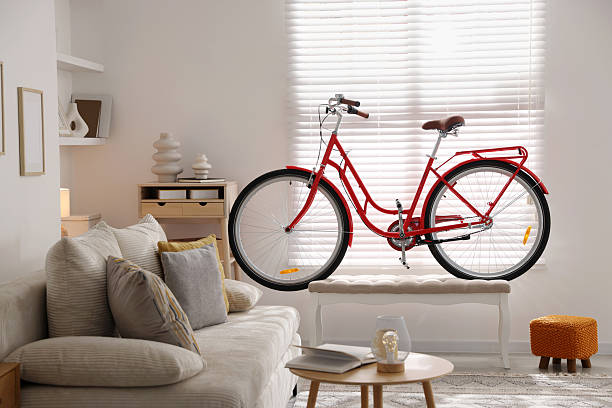 Red bicycle, sofa and decor in room