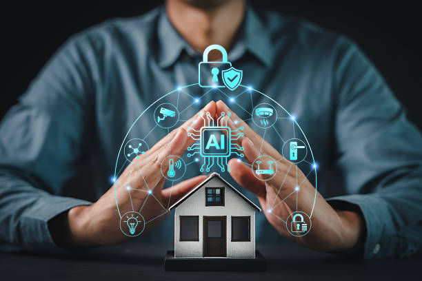 istock Man protecting miniature house with AI powered smart home technology and secure IoT system icons for digital living safety and security 2254893404
