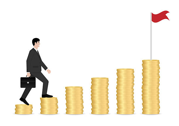 istock Businessman walking on Coin Stack to get Victory Flag. Business Success or Goal Achievement Concept. 2254895233