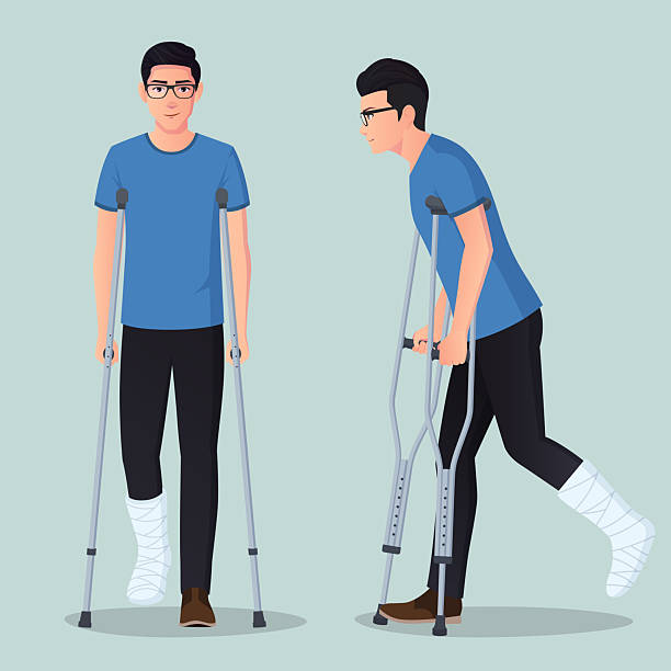 Man with a Broken Foot Walking with Crutches, Young man with cast bandage on Leg Front and Side View Vector Illustration