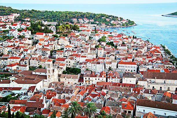 Hvar, Croatia - August 22 2025: Hvar Old Town Sunset Drone View, Croatia