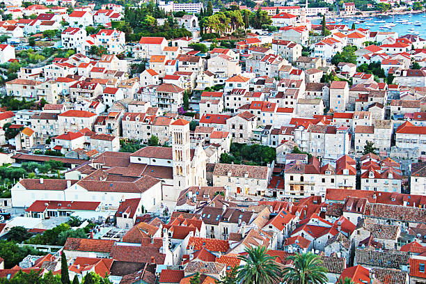 Hvar, Croatia - August 22 2025: Hvar Old Town Aerial Drone Landscape View