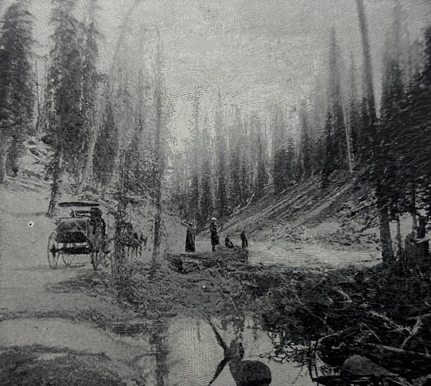 Antique illustration pre 1900 - men on the continental divide in Yellowstone National Park
