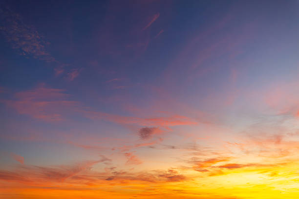 Vibrant Panoramic Sunset Sky with Dramatic Pink and Orange Clouds,A breathtaking panoramic view of a sunset sky featuring a vivid transition from deep blue to brilliant orange and pink hues, with soft wispy clouds scattered across the horizon.
