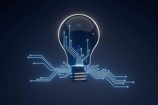 istock Light bulb with circuit design shows connection between technology and ideas in modern style 2254920812