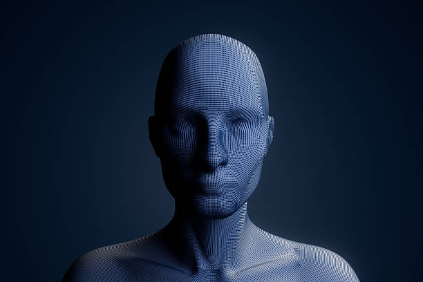 A 3D human model made with lines stands in a dark background. The model shows a head and upper body, representing digital art creation. The lines form facial features and shape.